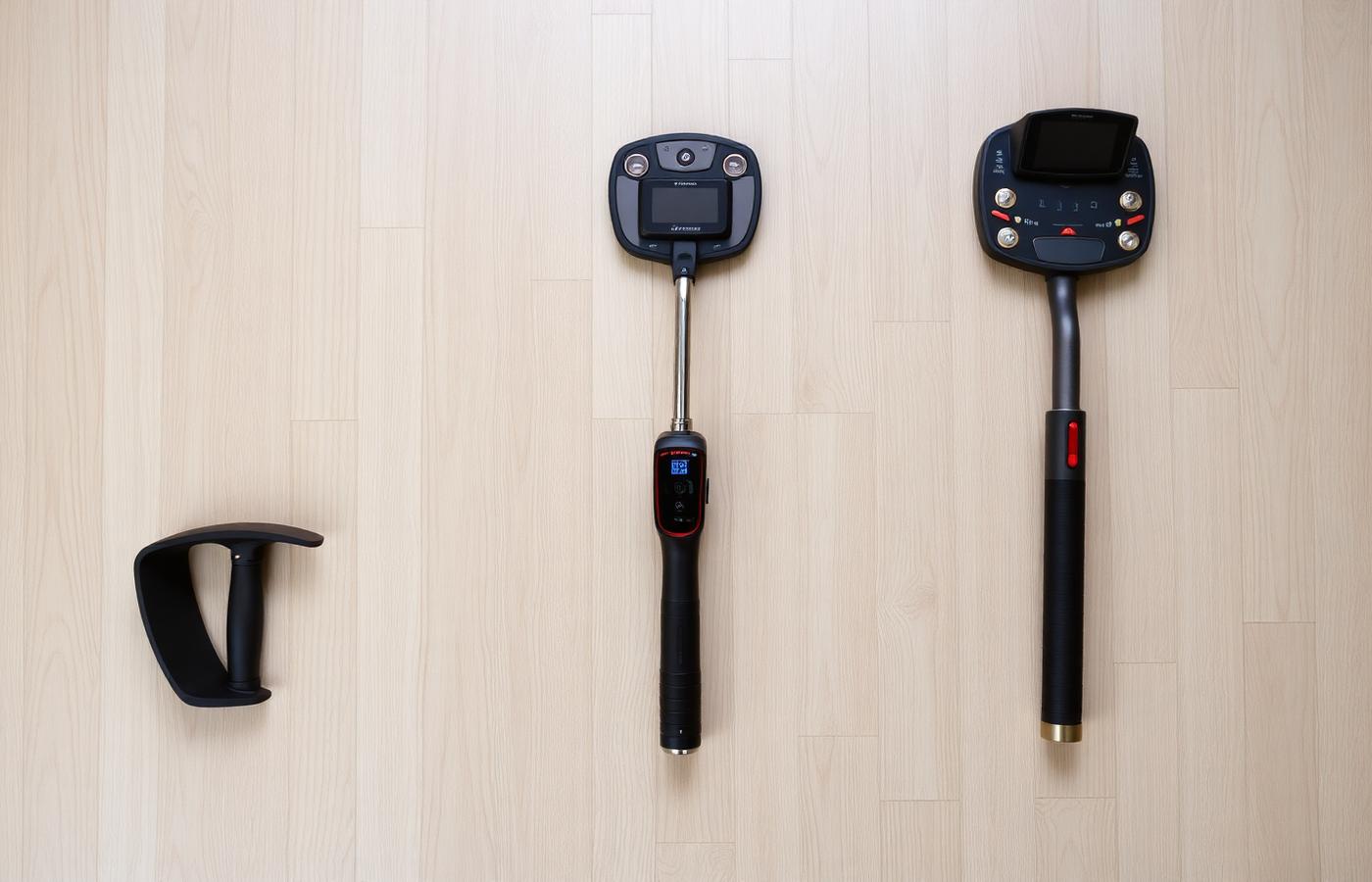 Tre metal detector di diverse dimensioni affiancati su uno sfondo di legno chiaro